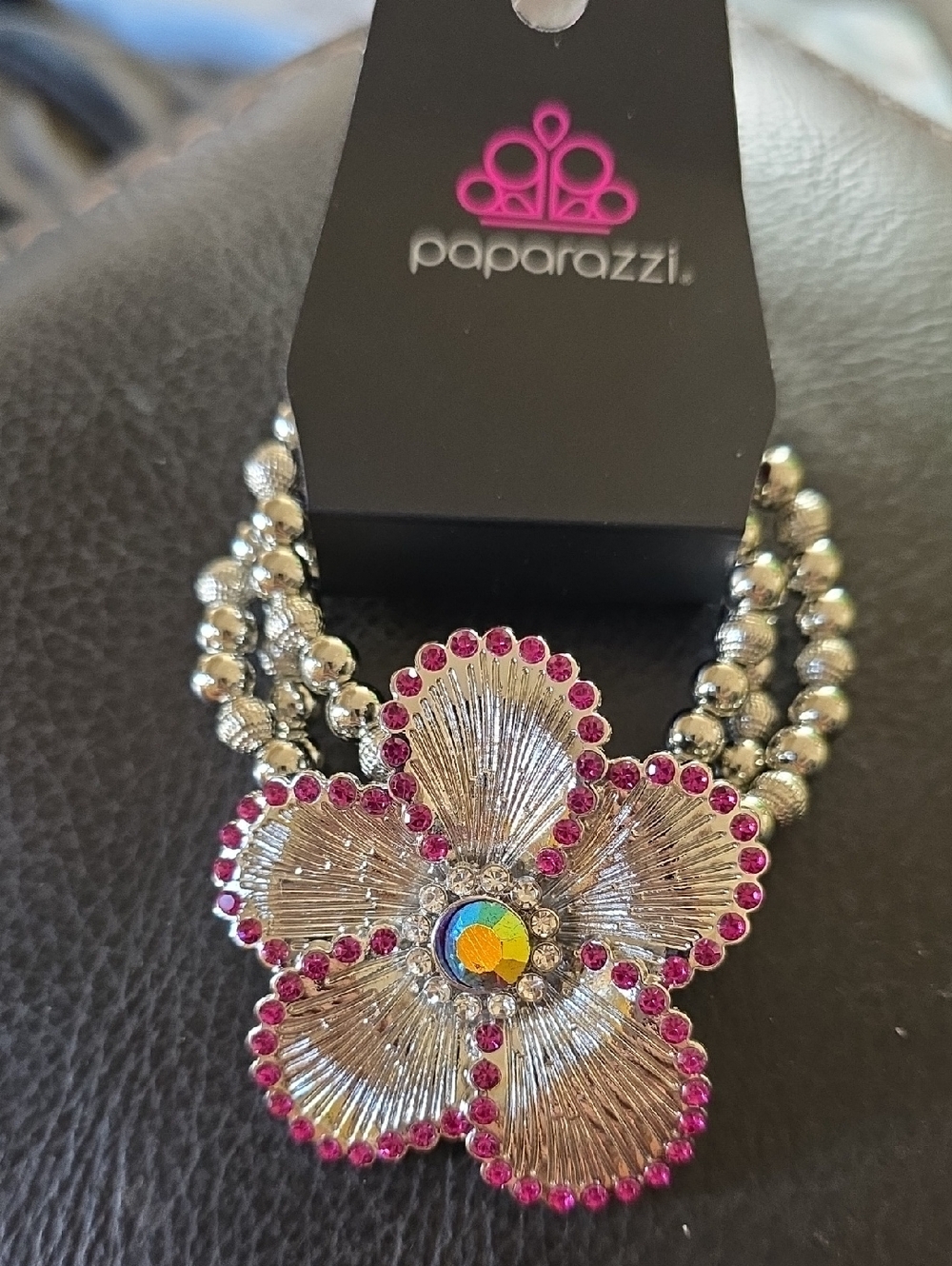paparazzi Silver Floral Bracelet with Pink and Aurora Center